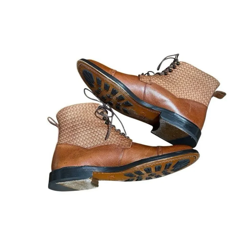TAFT Combat Boots Mens Size 41 Brown Leather Cap Toe Lace Up Woven Spain Casual